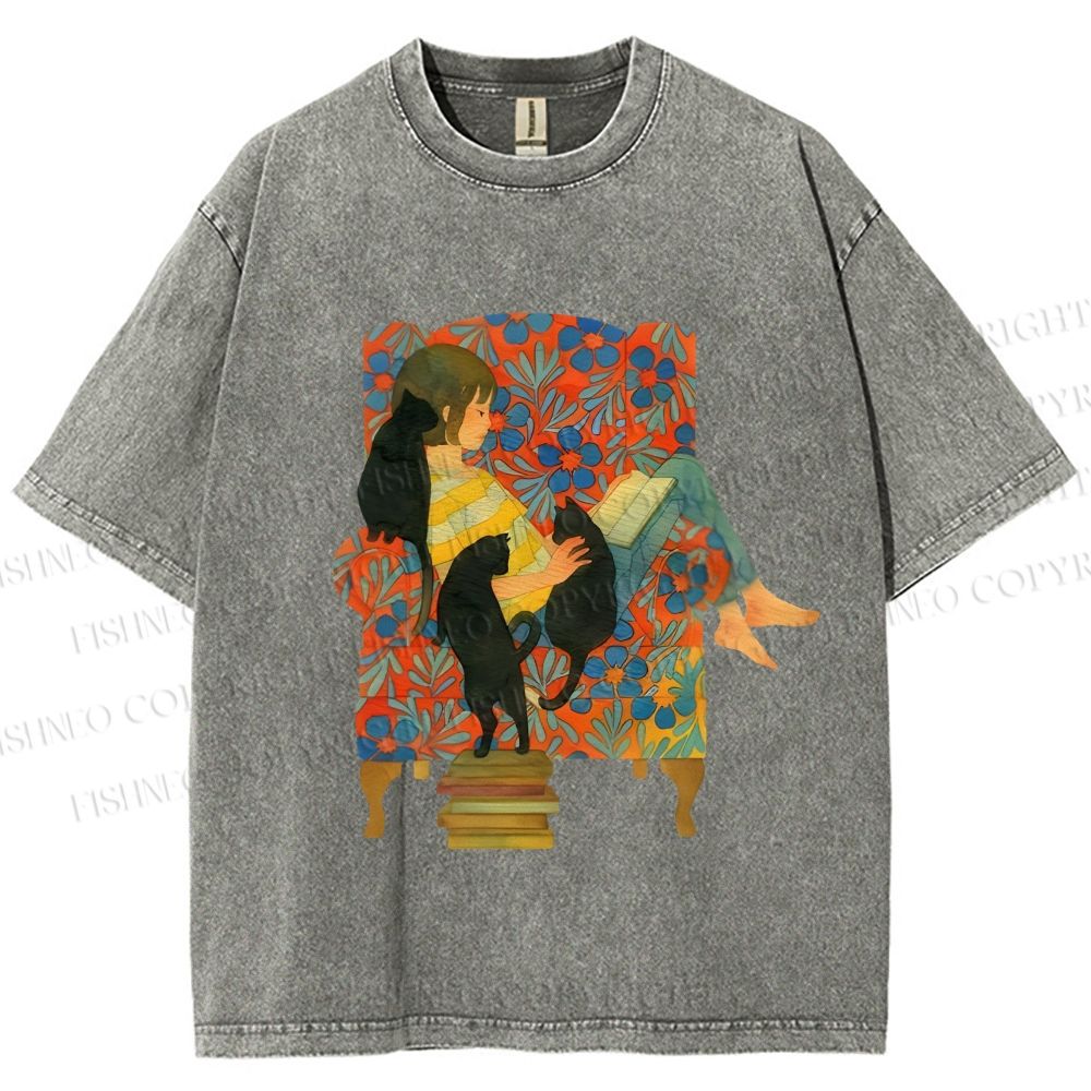 Unisex Lazy Afternoon With Cats Printed Washed Tee