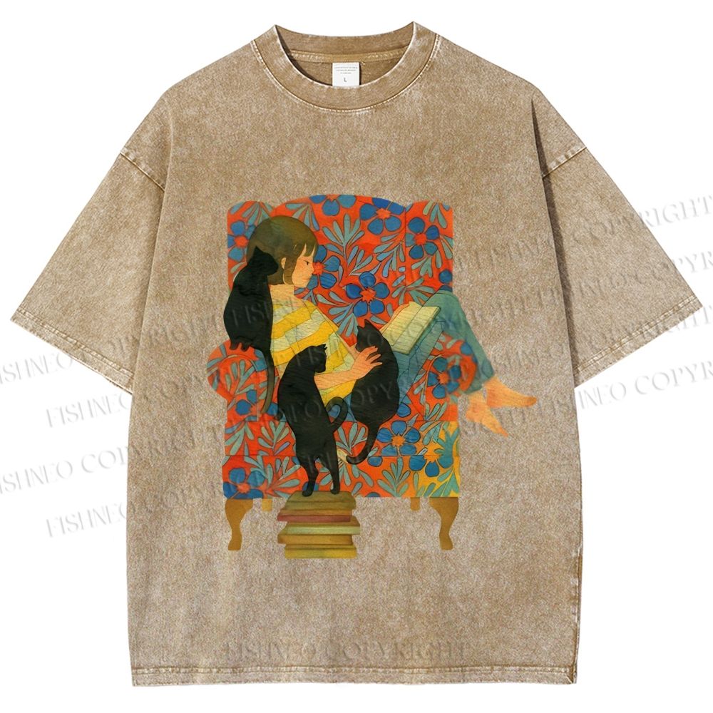 Unisex Lazy Afternoon With Cats Printed Washed Tee