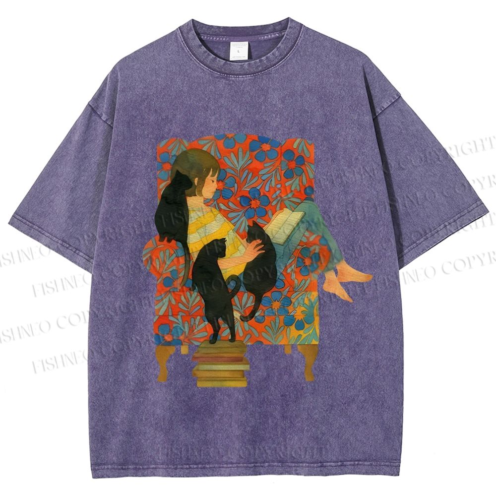 Unisex Lazy Afternoon With Cats Printed Washed Tee