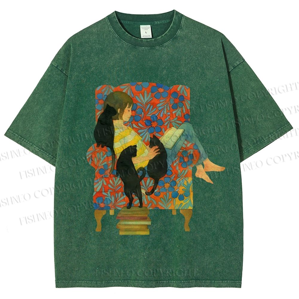 Unisex Lazy Afternoon With Cats Printed Washed Tee