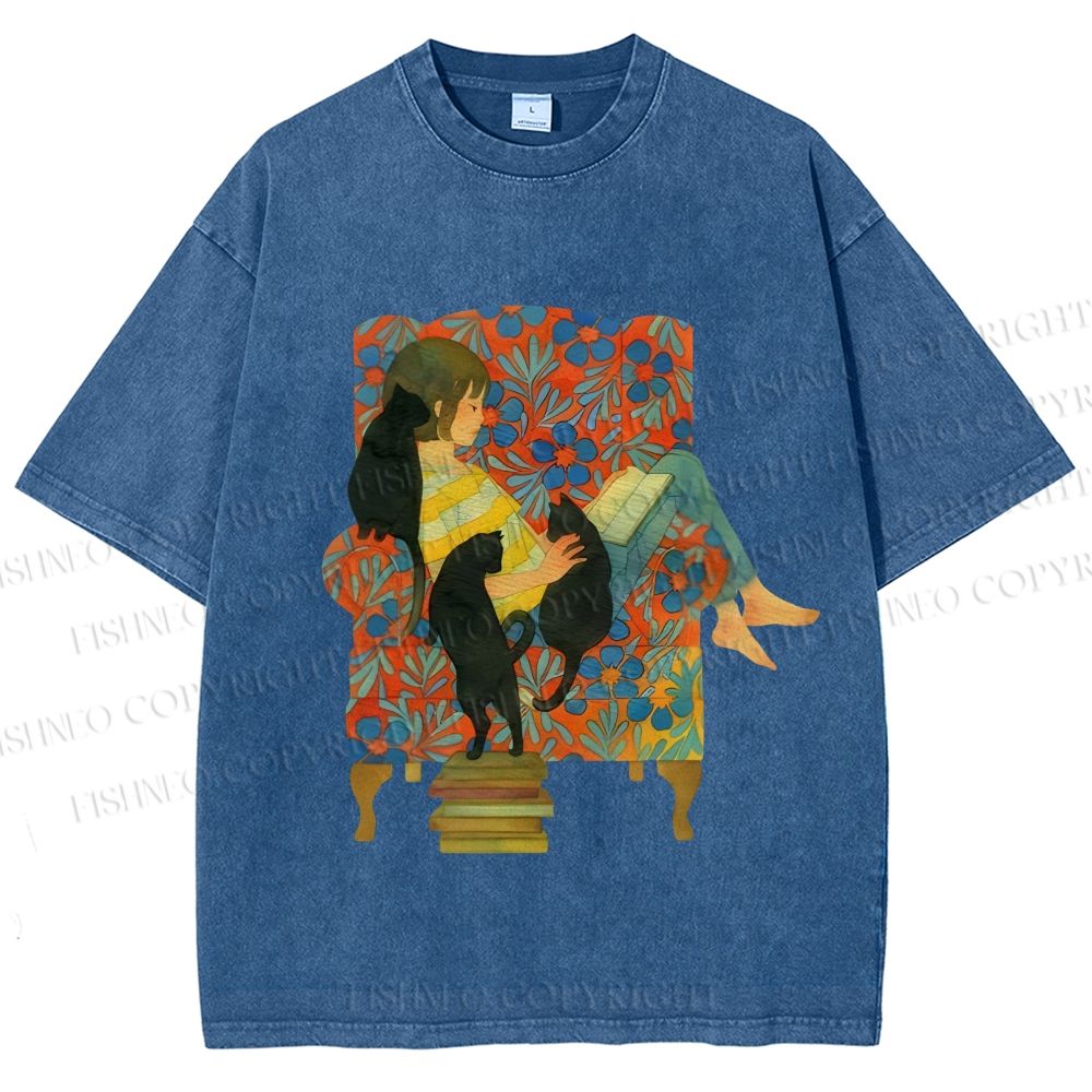 Unisex Lazy Afternoon With Cats Printed Washed Tee
