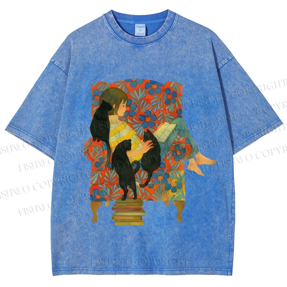 Unisex Lazy Afternoon With Cats Printed Washed Tee
