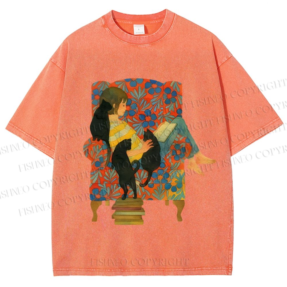 Unisex Lazy Afternoon With Cats Printed Washed Tee
