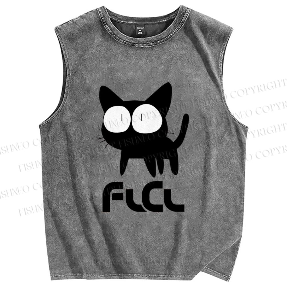 Unisex Flcl Cat Printed Washed Tank Top