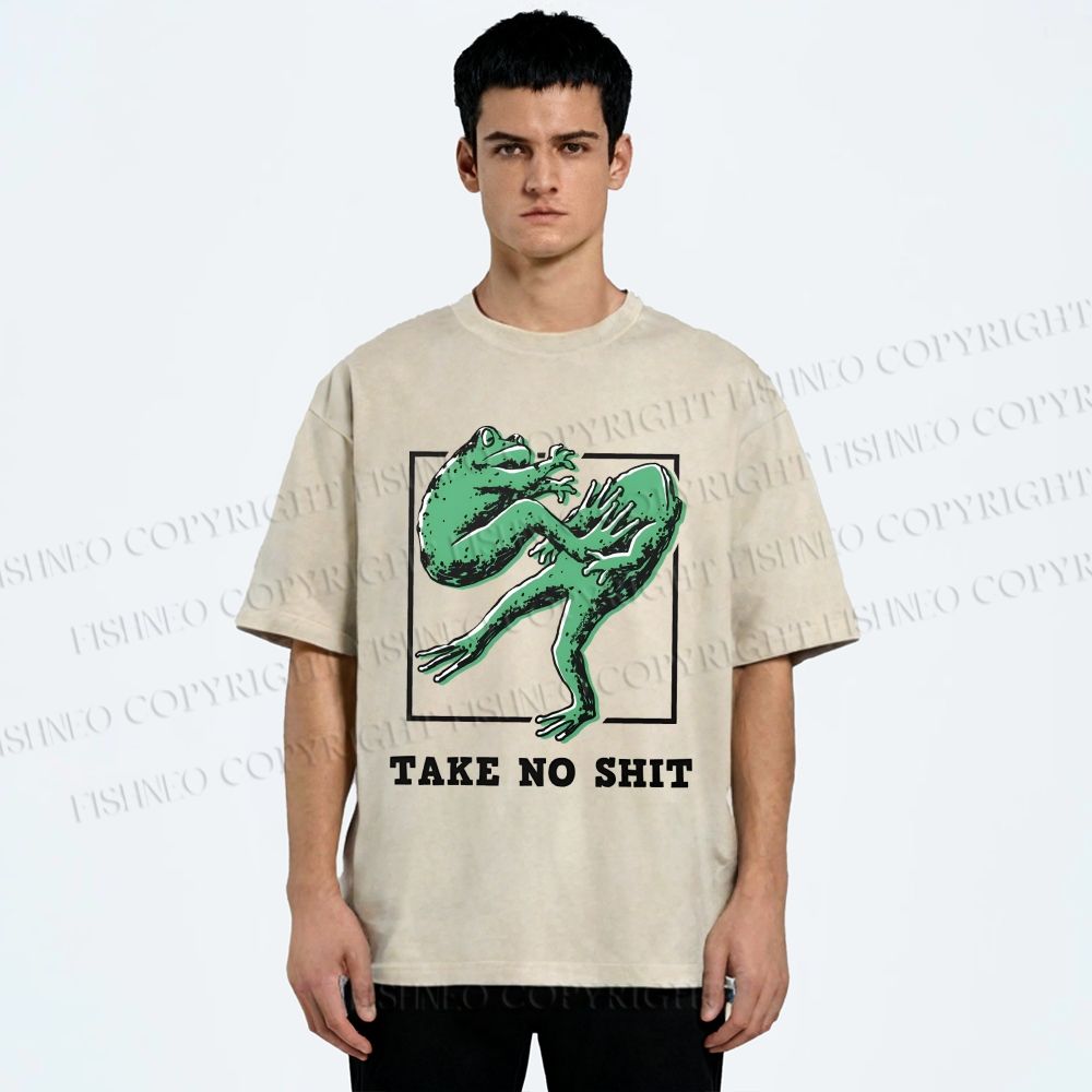 Unisex Take No Shit Frog Printed Washed Tee