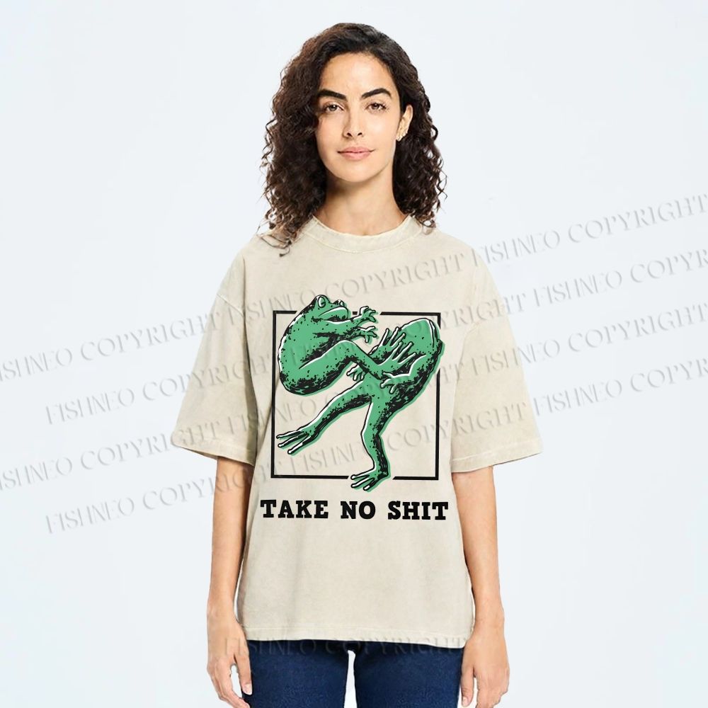 Unisex Take No Shit Frog Printed Washed Tee