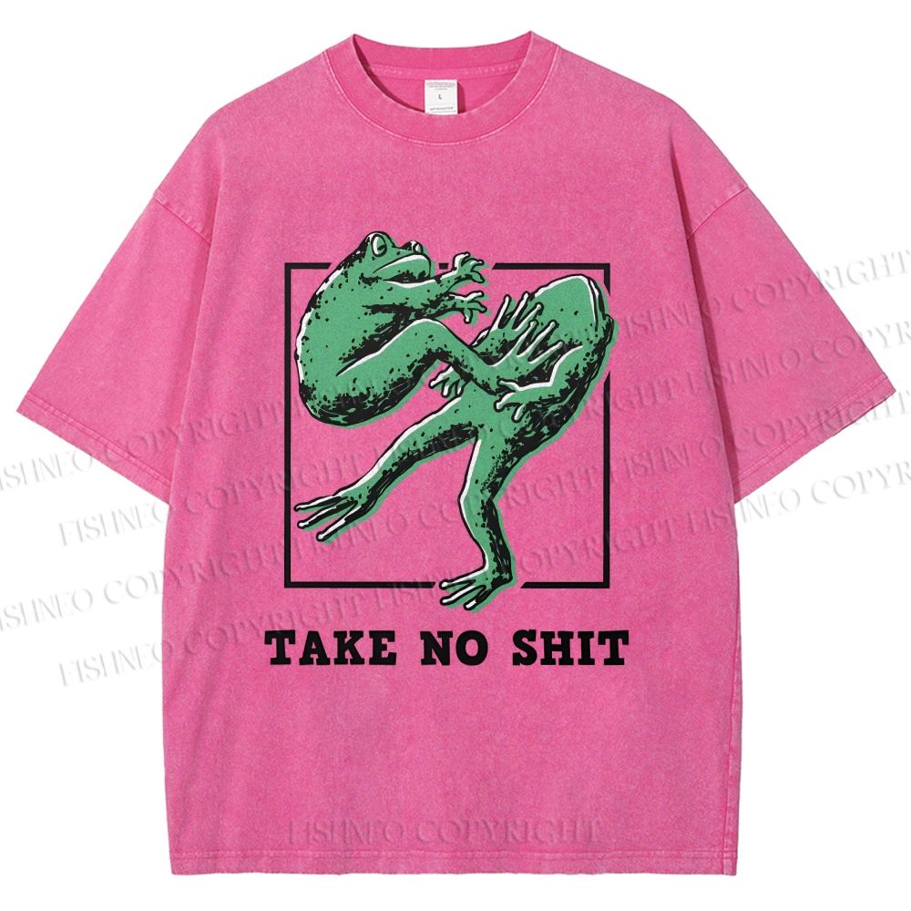 Unisex Take No Shit Frog Printed Washed Tee