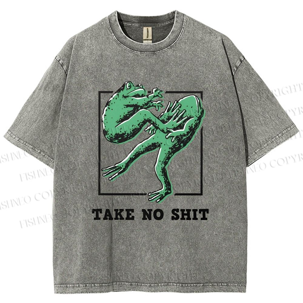 Unisex Take No Shit Frog Printed Washed Tee