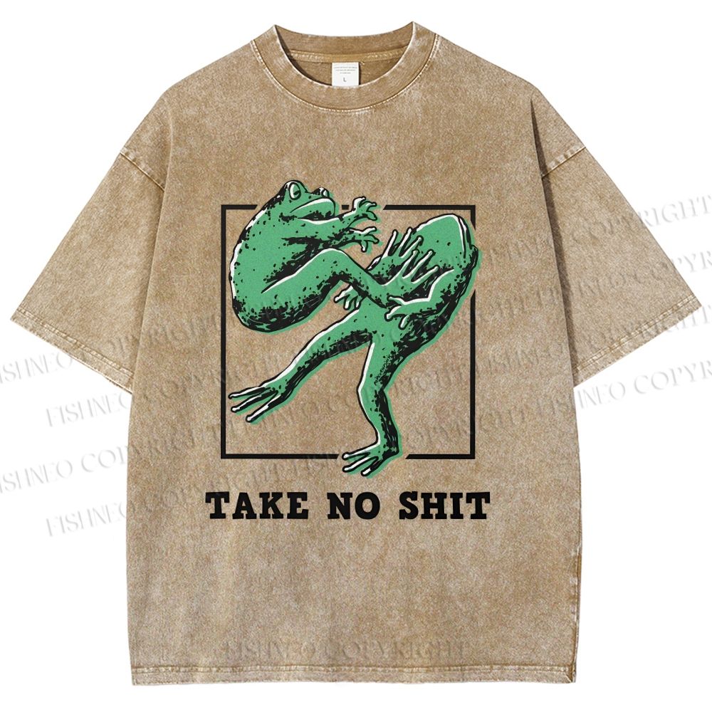 Unisex Take No Shit Frog Printed Washed Tee
