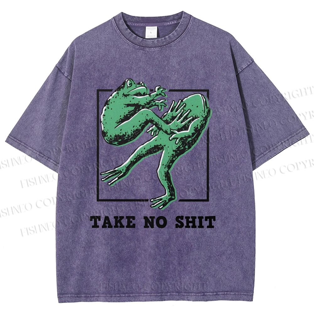 Unisex Take No Shit Frog Printed Washed Tee