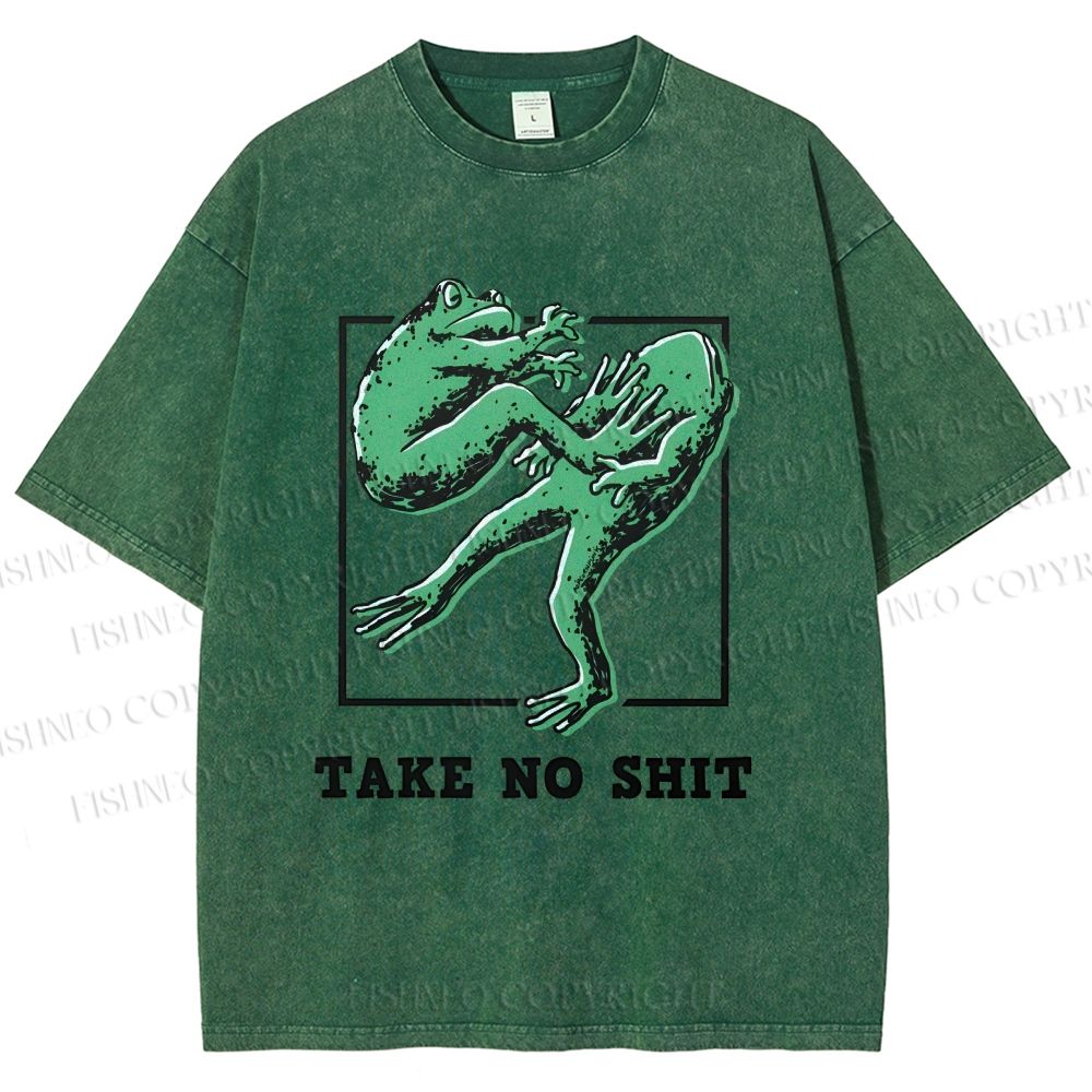 Unisex Take No Shit Frog Printed Washed Tee