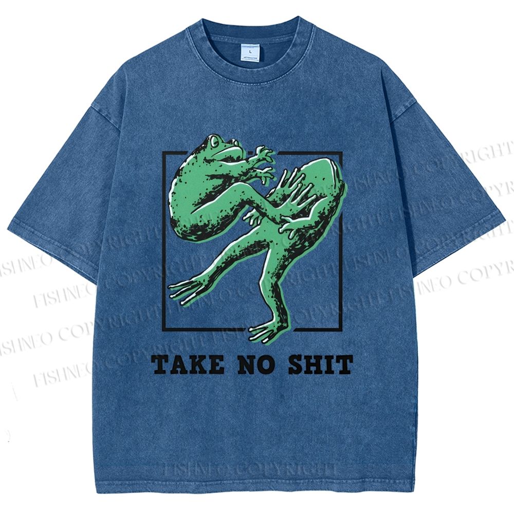 Unisex Take No Shit Frog Printed Washed Tee