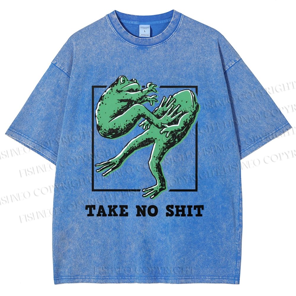 Unisex Take No Shit Frog Printed Washed Tee