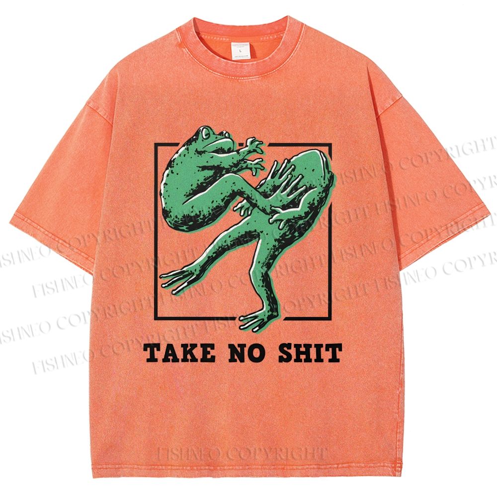 Unisex Take No Shit Frog Printed Washed Tee