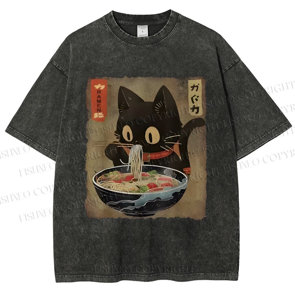 Unisex Japanese Vintage Ramen Cat  Printed Washed Tee