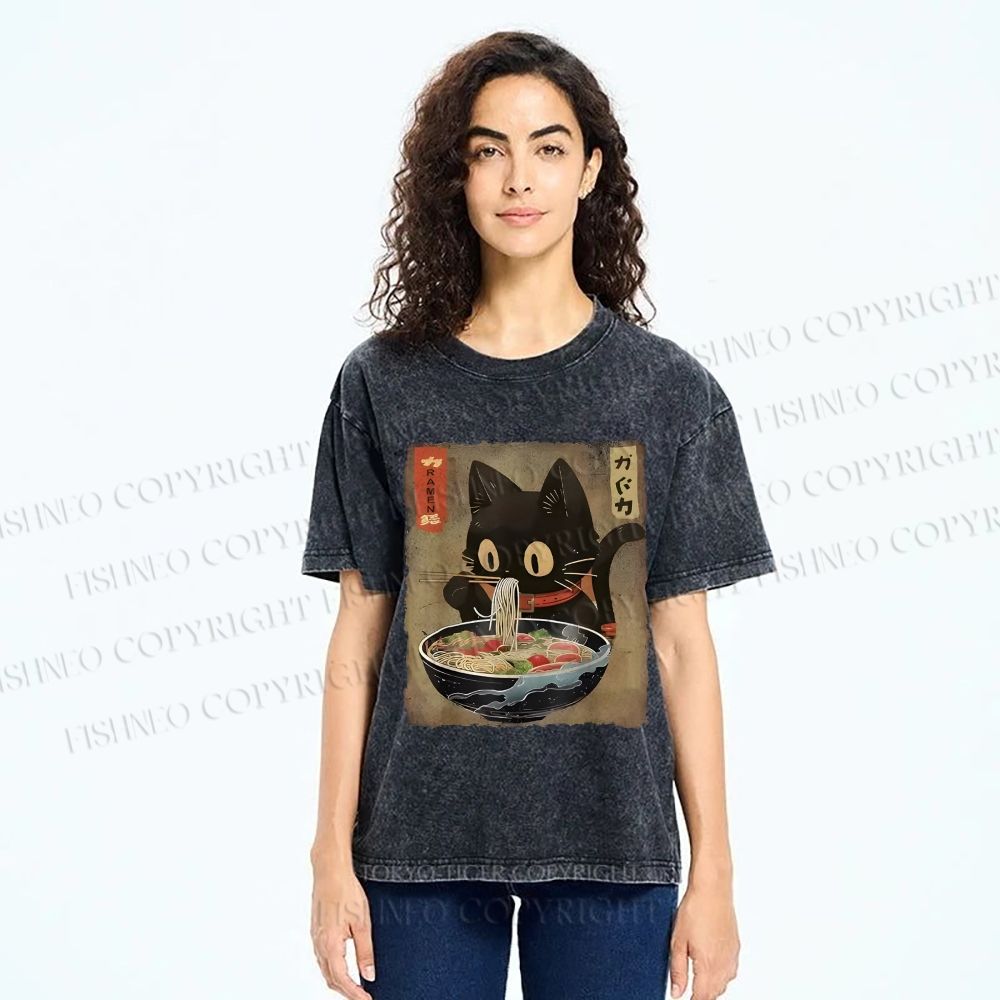 Unisex Japanese Vintage Ramen Cat  Printed Washed Tee