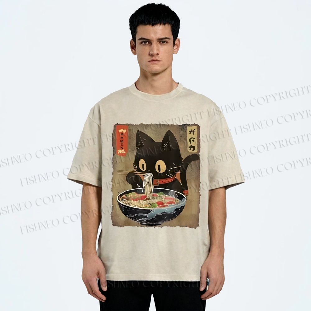 Unisex Japanese Vintage Ramen Cat  Printed Washed Tee