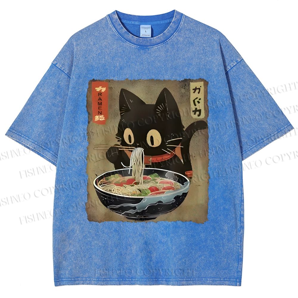 Unisex Japanese Vintage Ramen Cat  Printed Washed Tee