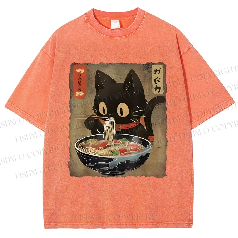 Unisex Japanese Vintage Ramen Cat  Printed Washed Tee