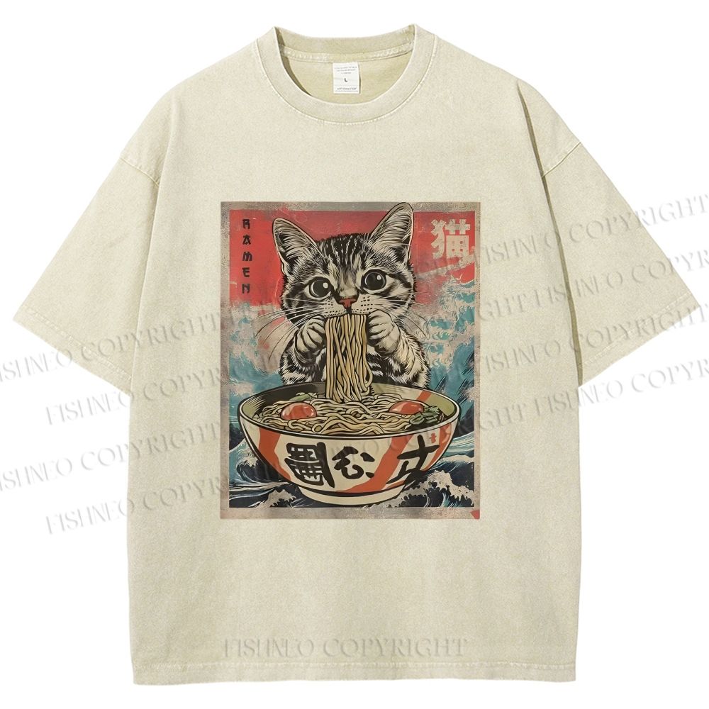 Unisex Japanese Vintage Ramen Cat Printed Washed Tee