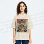Unisex Japanese Vintage Ramen Cat Printed Washed Tee