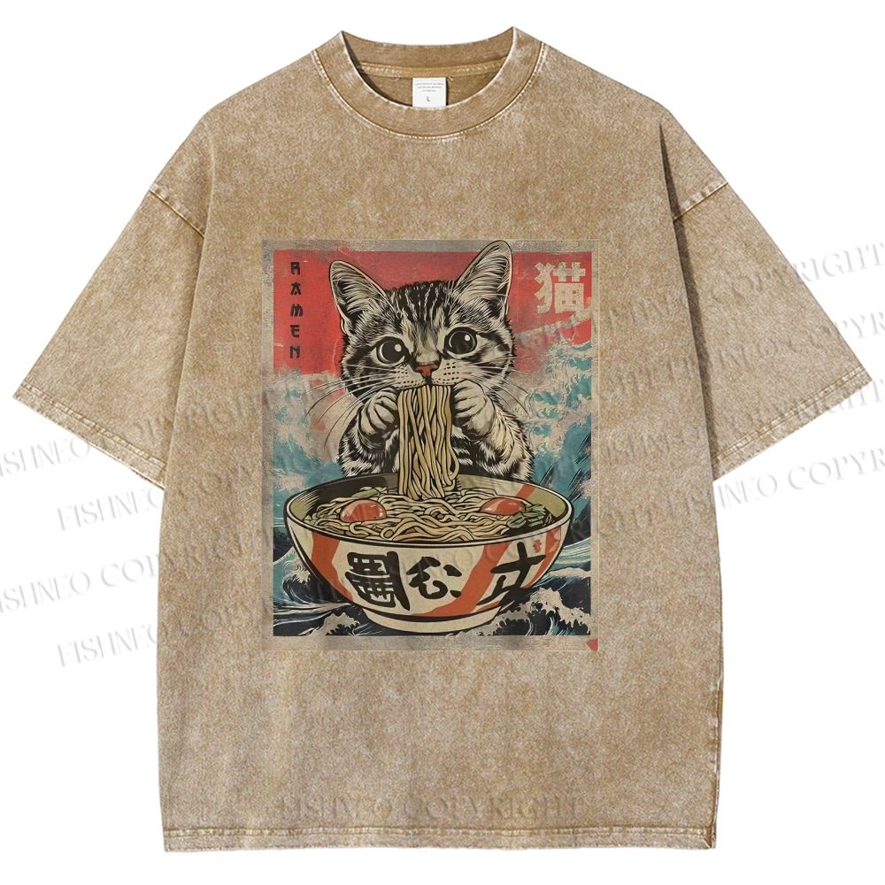 Unisex Japanese Vintage Ramen Cat Printed Washed Tee