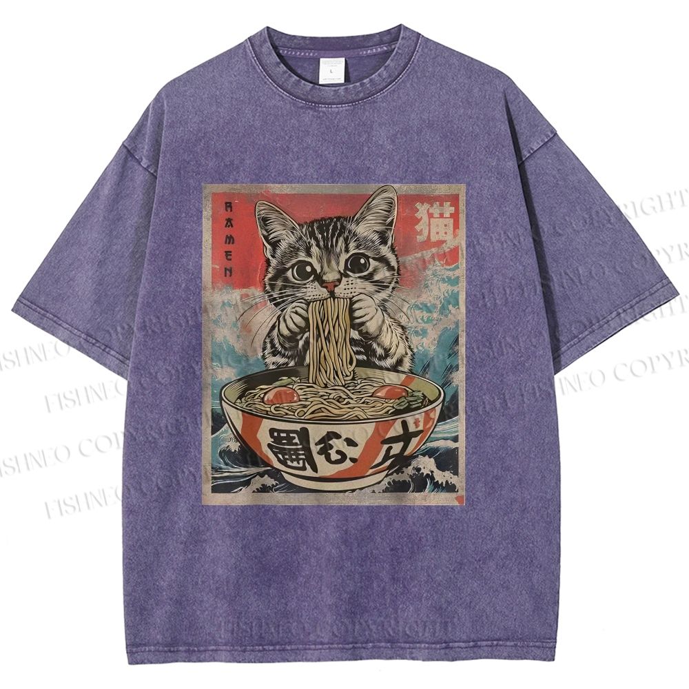 Unisex Japanese Vintage Ramen Cat Printed Washed Tee