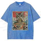 Unisex Japanese Vintage Ramen Cat Printed Washed Tee