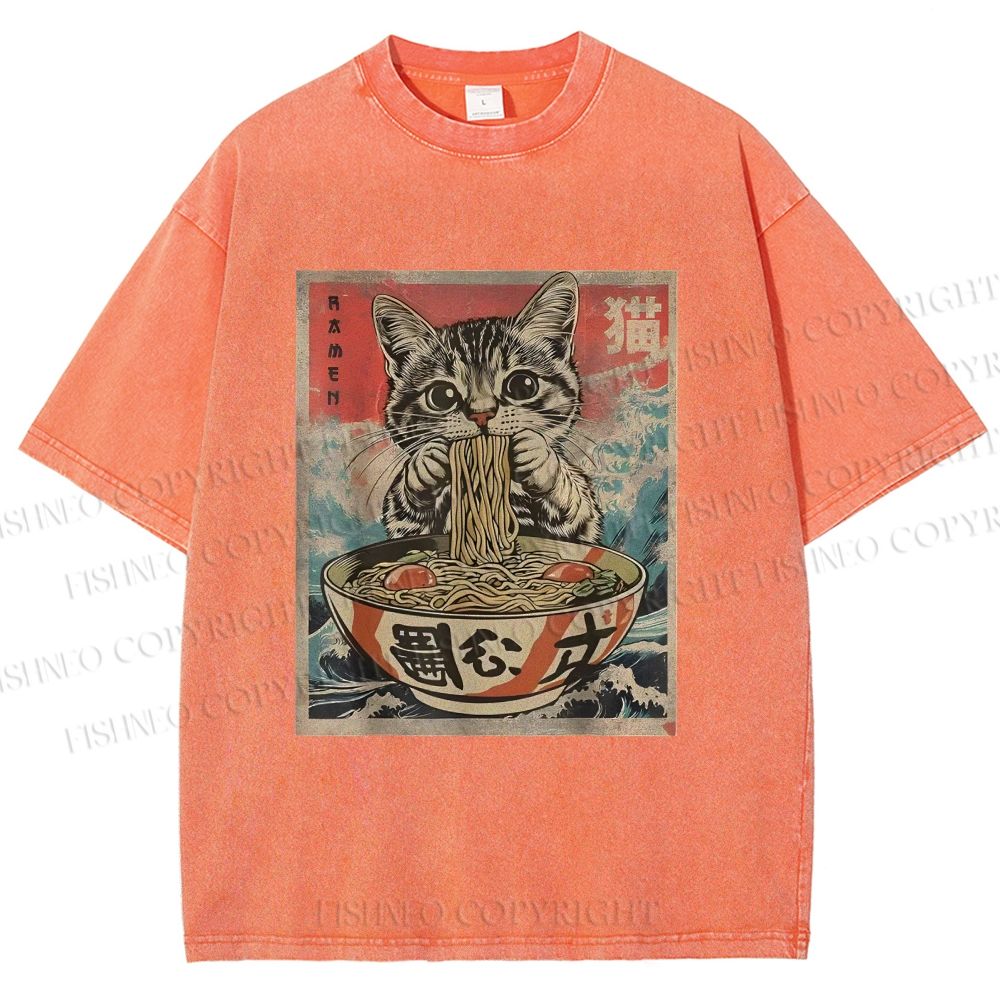 Unisex Japanese Vintage Ramen Cat Printed Washed Tee