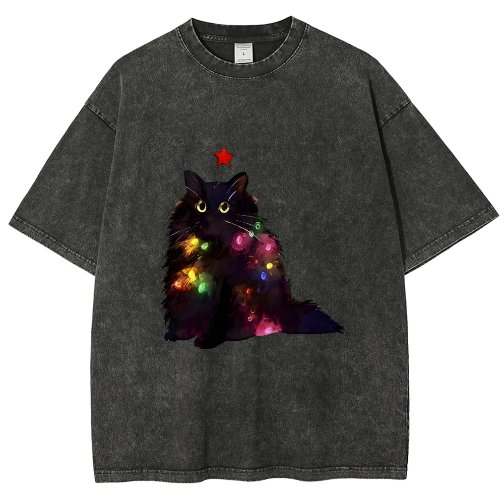 Christmas Lights Cat Washed T-Shirt