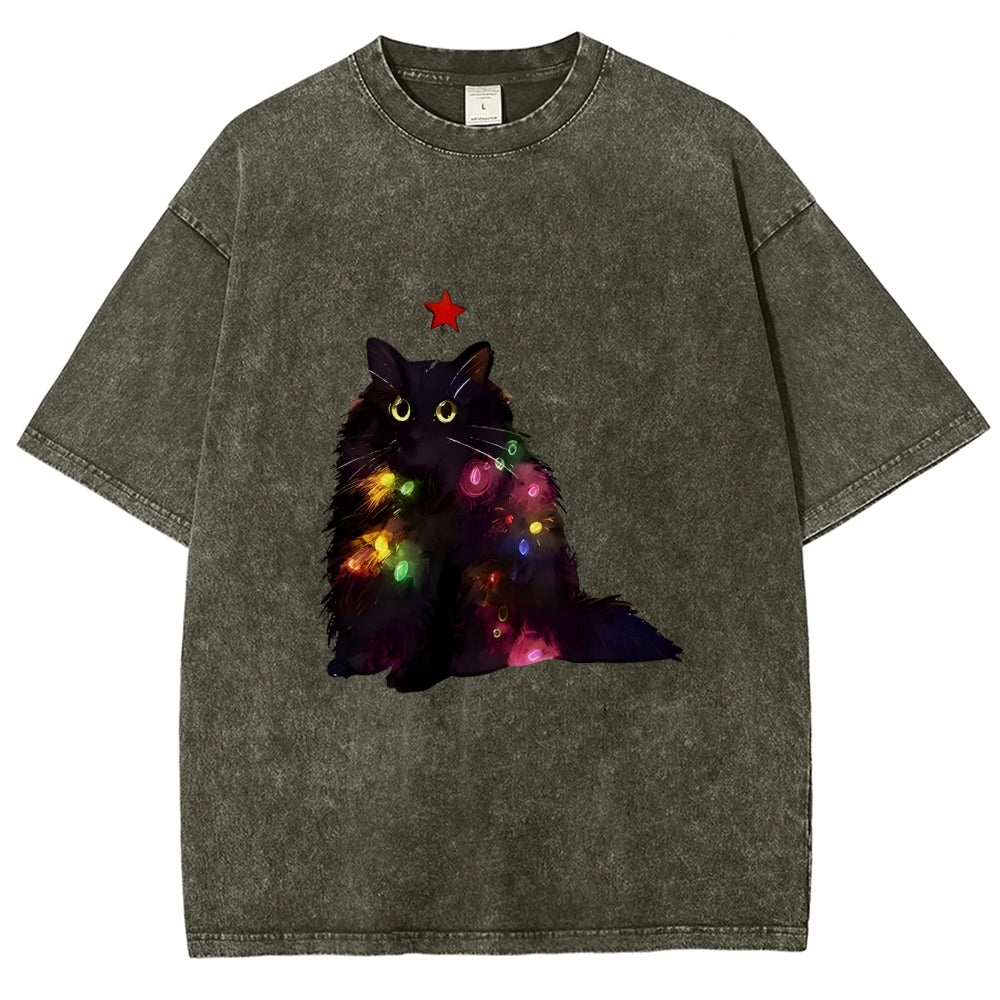 Christmas Lights Cat Washed T-Shirt