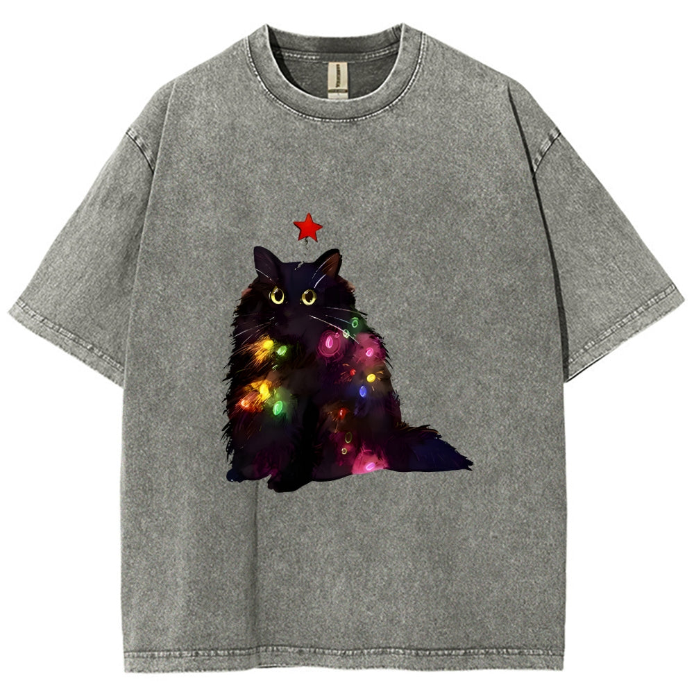 Christmas Lights Cat Washed T-Shirt