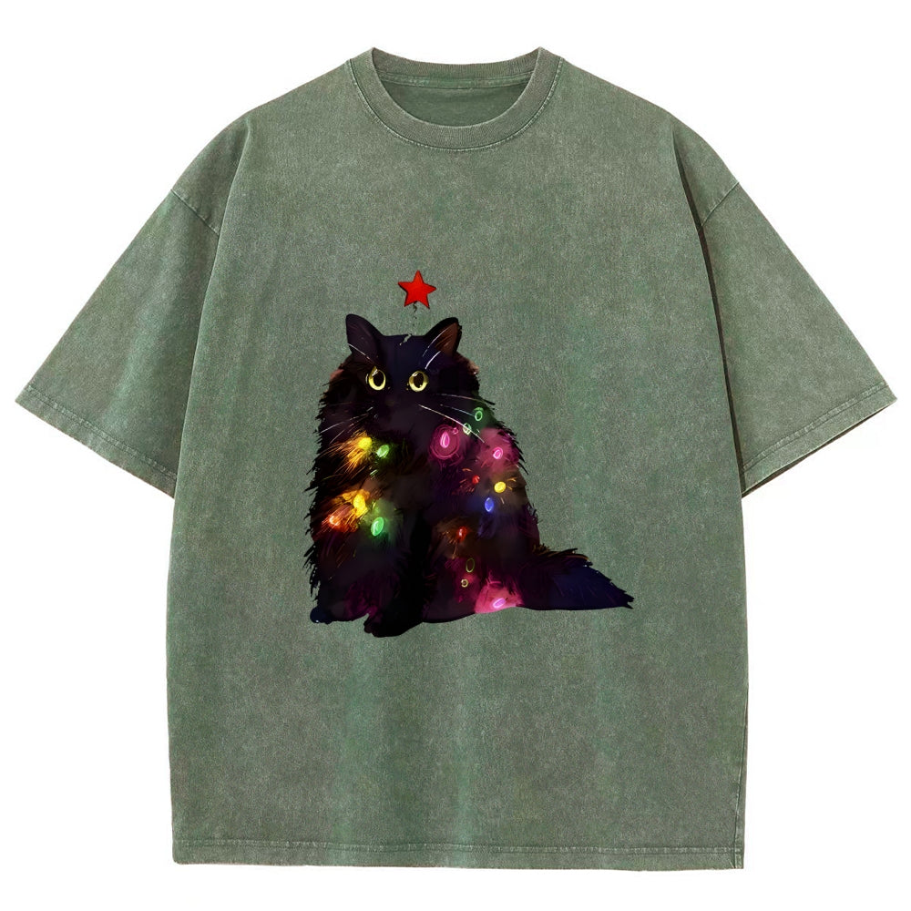 Christmas Lights Cat Washed T-Shirt