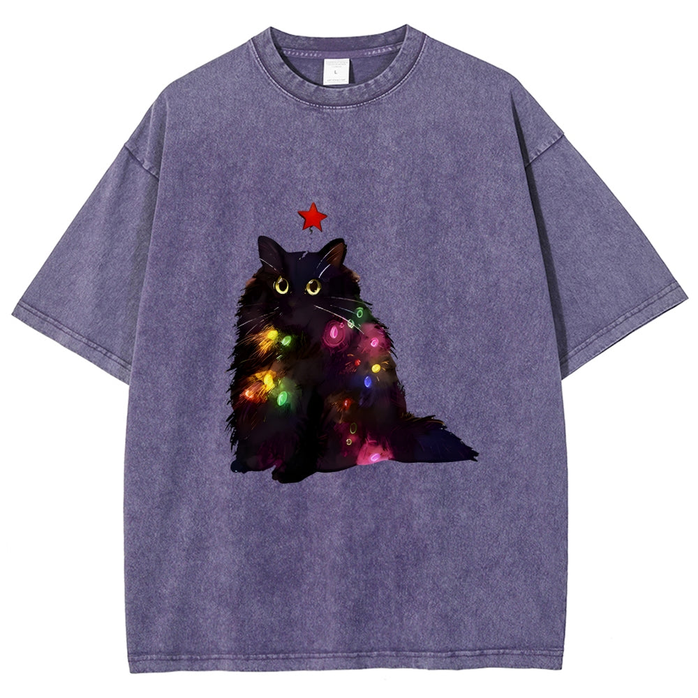 Christmas Lights Cat Washed T-Shirt