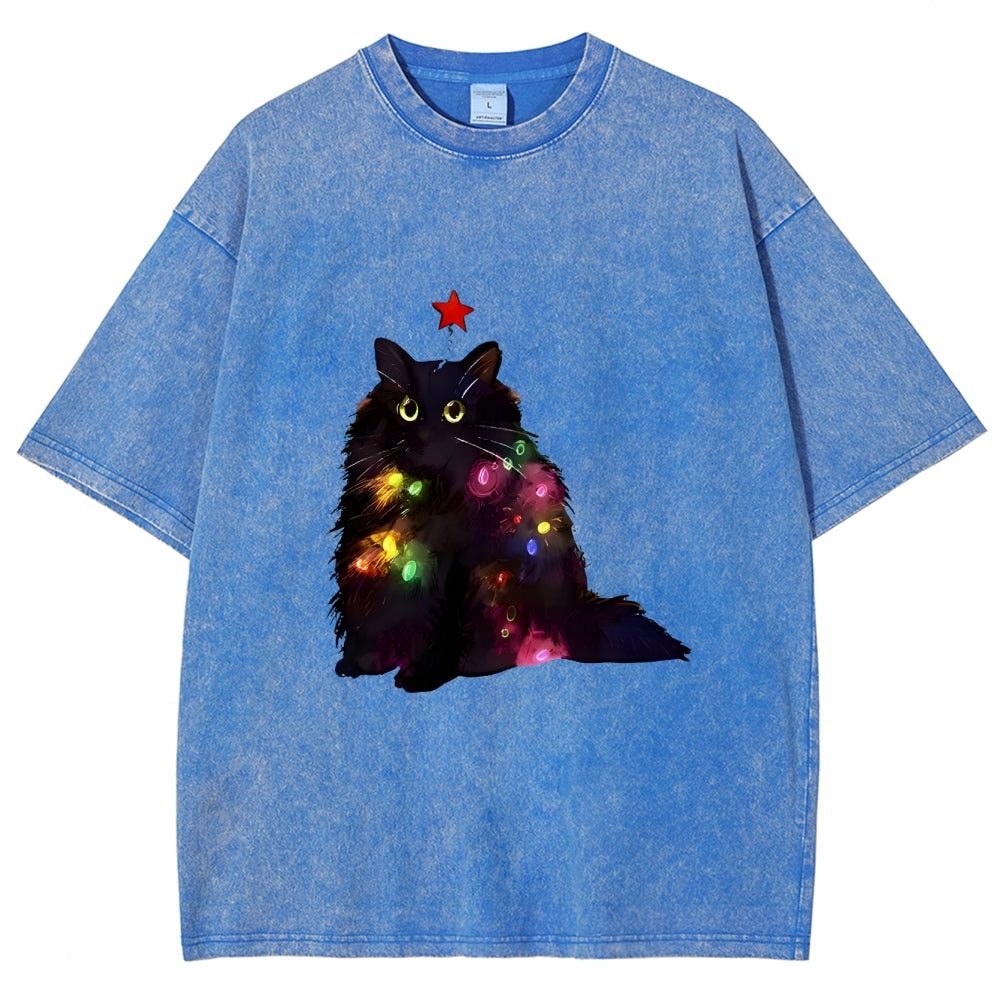 Christmas Lights Cat Washed T-Shirt