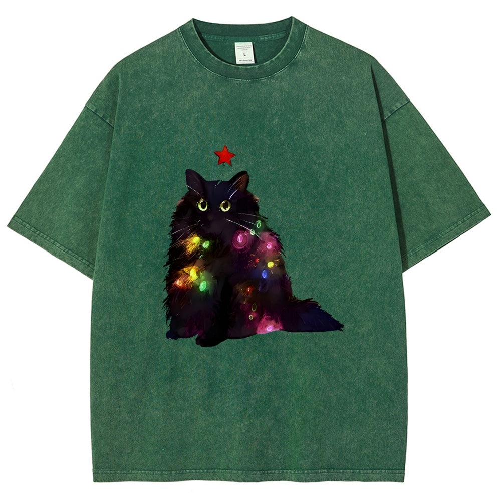 Christmas Lights Cat Washed T-Shirt