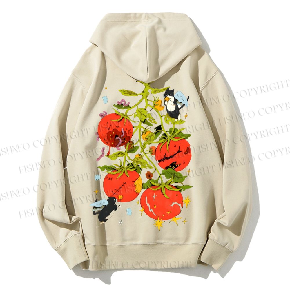 Unisex Casual Cotton Angle Cats Healing Tomatoes Printed Hoodie