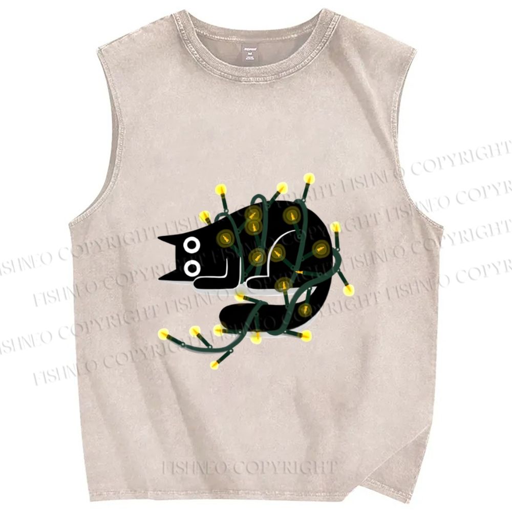 Unisex Black Cat With Lights Printed Washed Tank Top
