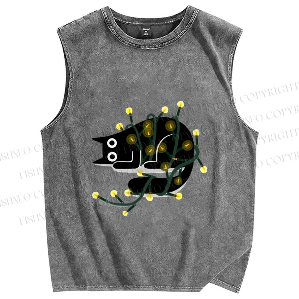 Unisex Black Cat With Lights Printed Washed Tank Top