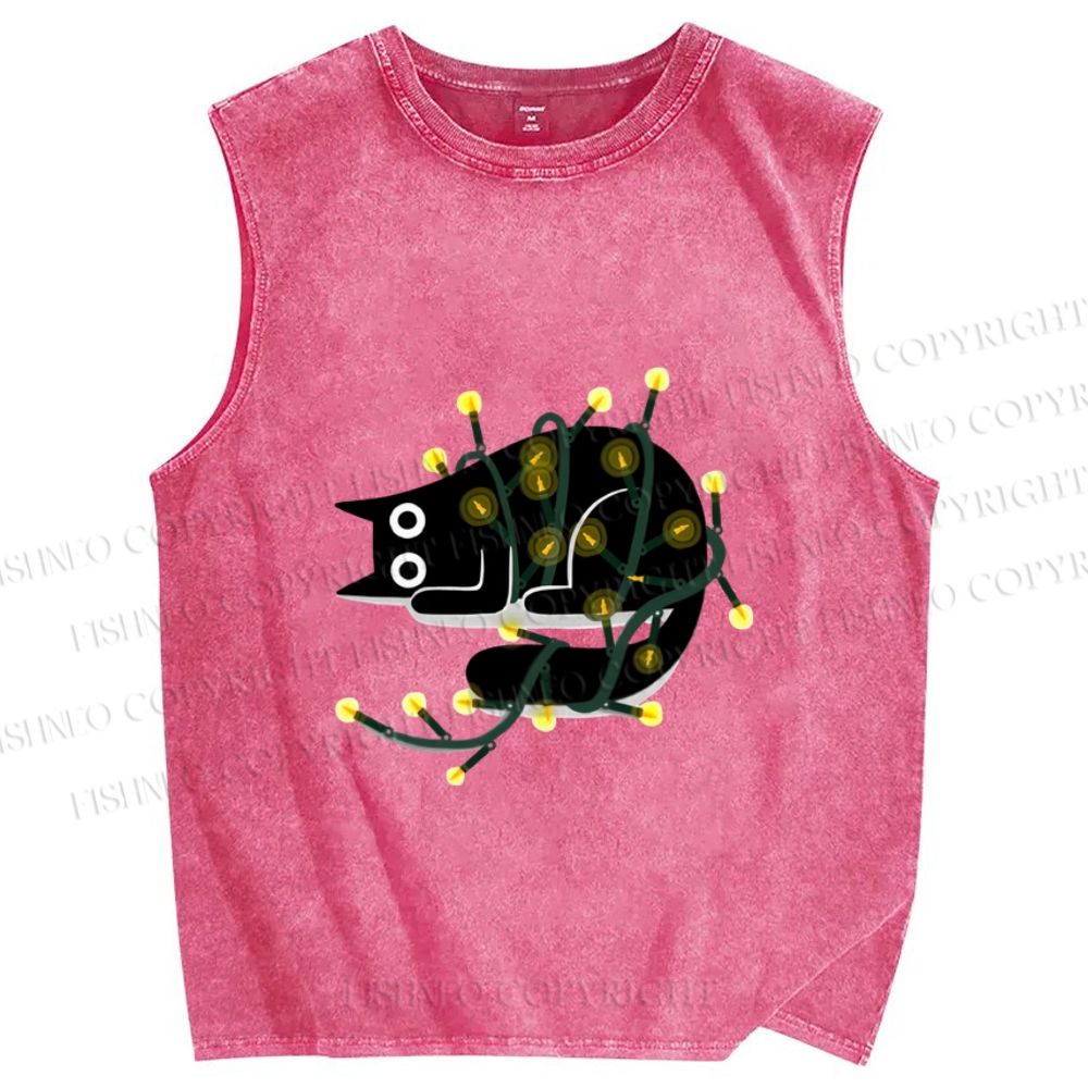 Unisex Black Cat With Lights Printed Washed Tank Top