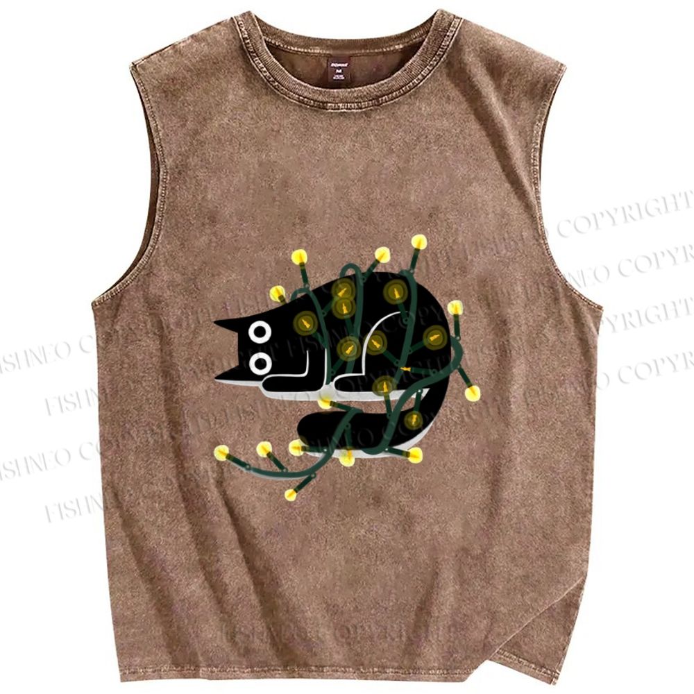 Unisex Black Cat With Lights Printed Washed Tank Top