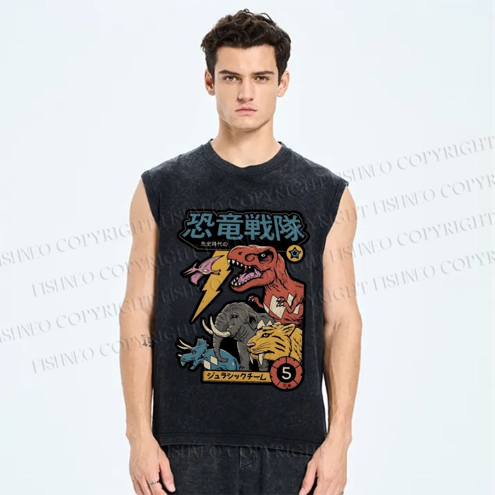 Unisex Dino Sentai Japanese Printed Washed Tank Top