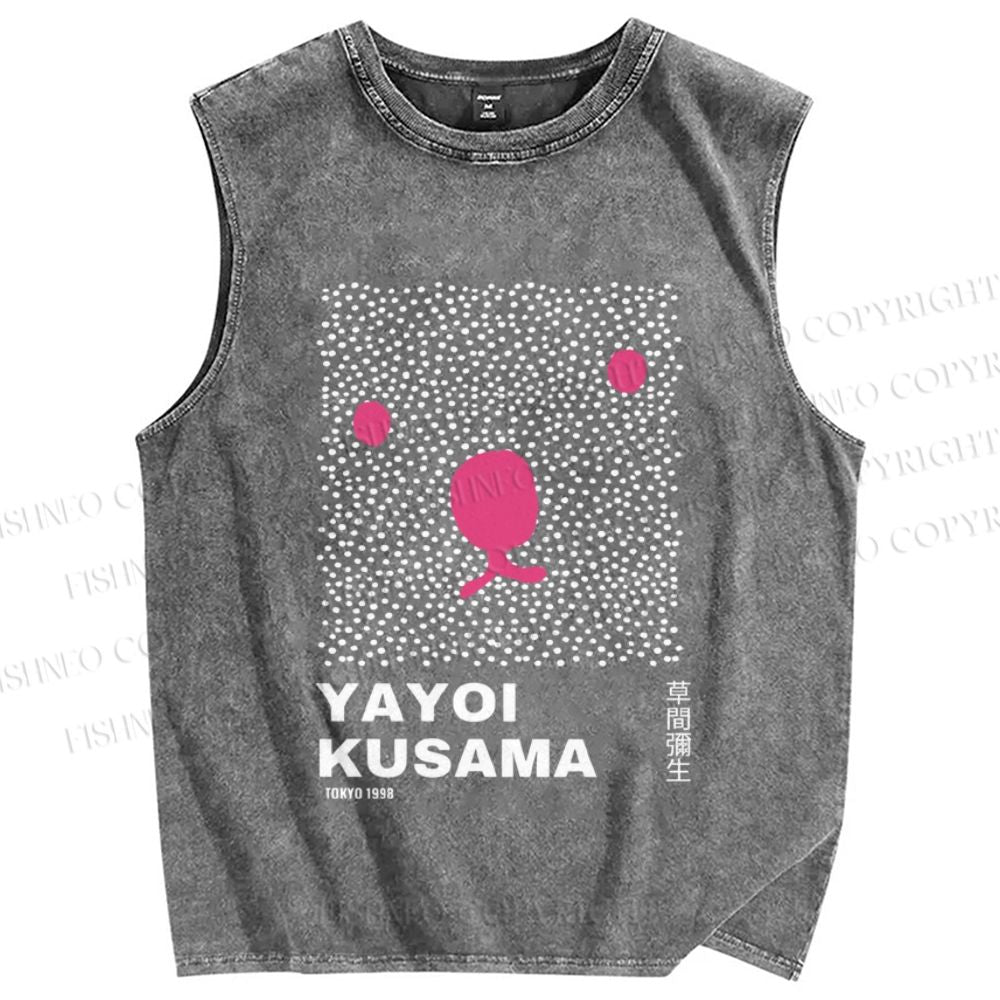 Unisex Yayoi Kusama Bear With Dots Printed Washed Tank Top
