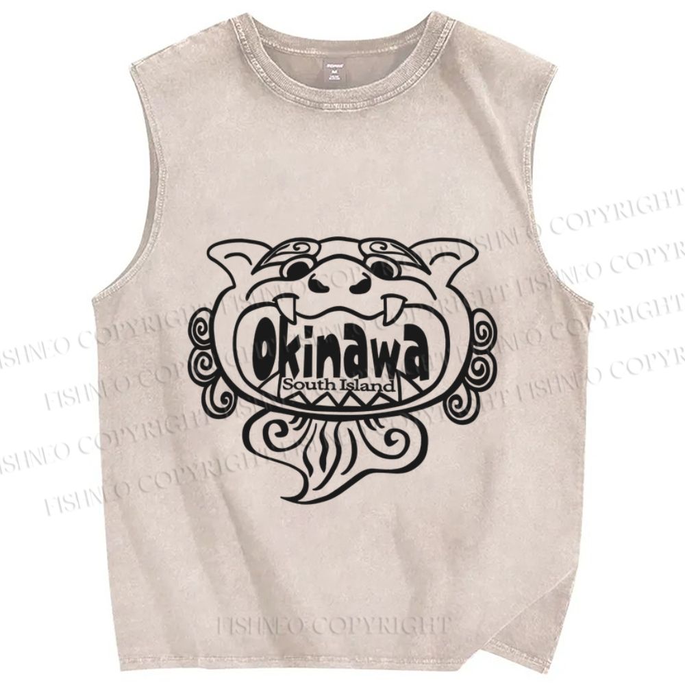 Unisex Okinawa Shisa Tiger Japanese Printed Washed Tank Top