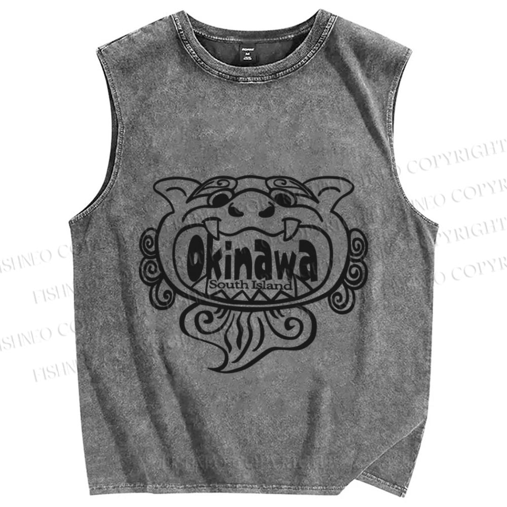 Unisex Okinawa Shisa Tiger Japanese Printed Washed Tank Top