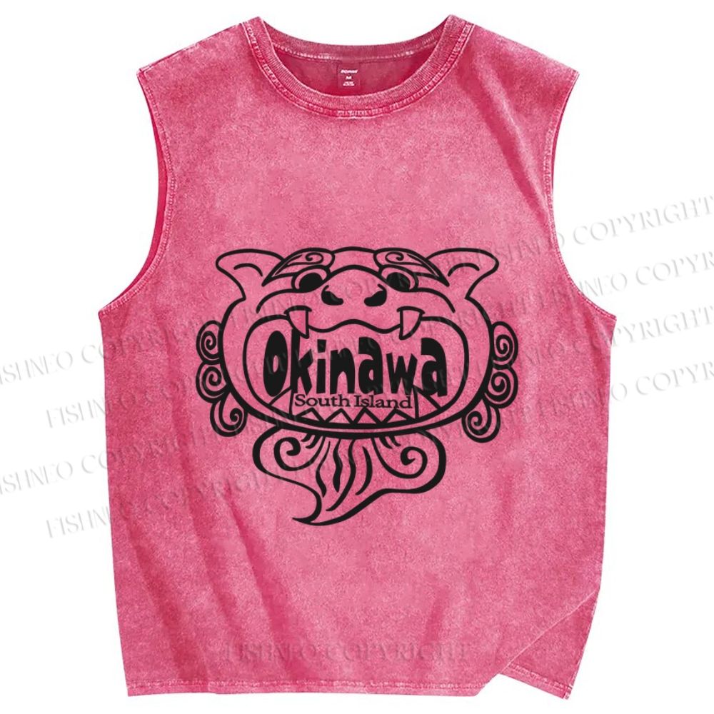 Unisex Okinawa Shisa Tiger Japanese Printed Washed Tank Top