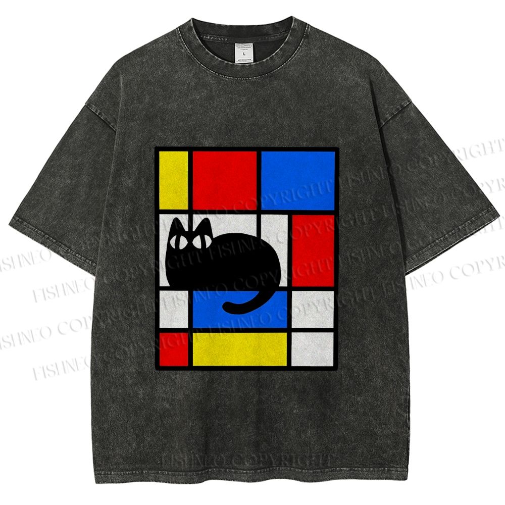 Unisex Mondrian Cat Printed Washed Tee