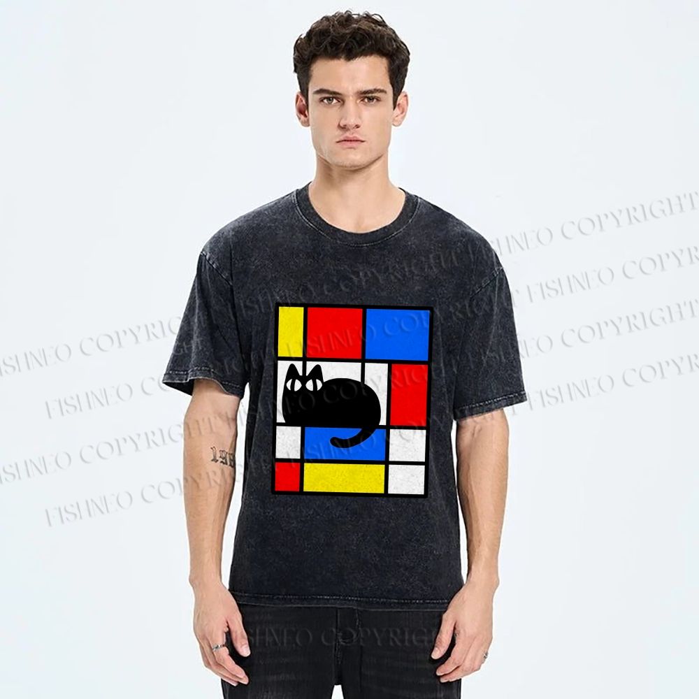 Unisex Mondrian Cat Printed Washed Tee