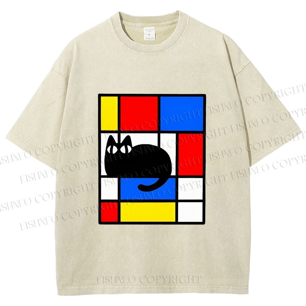 Unisex Mondrian Cat Printed Washed Tee