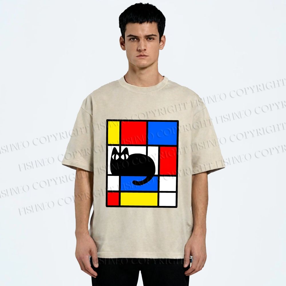 Unisex Mondrian Cat Printed Washed Tee